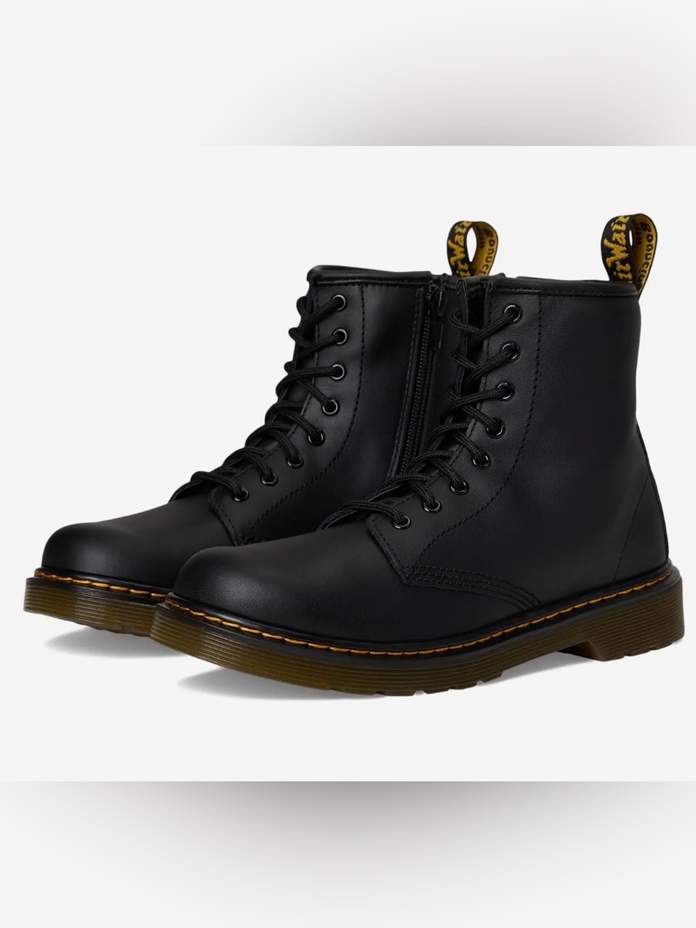 Dr. Martens Kids Black Leather Lace-Up Ankle Boots with Yellow Heel Loop
